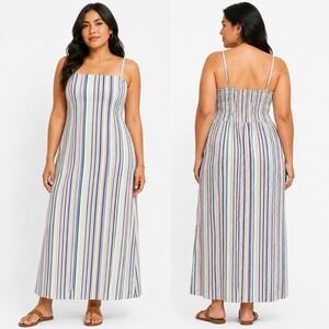 Old Navy Linen Maxi Dress Size XL Striped Coastal Beachy Boho Quiet Luxury